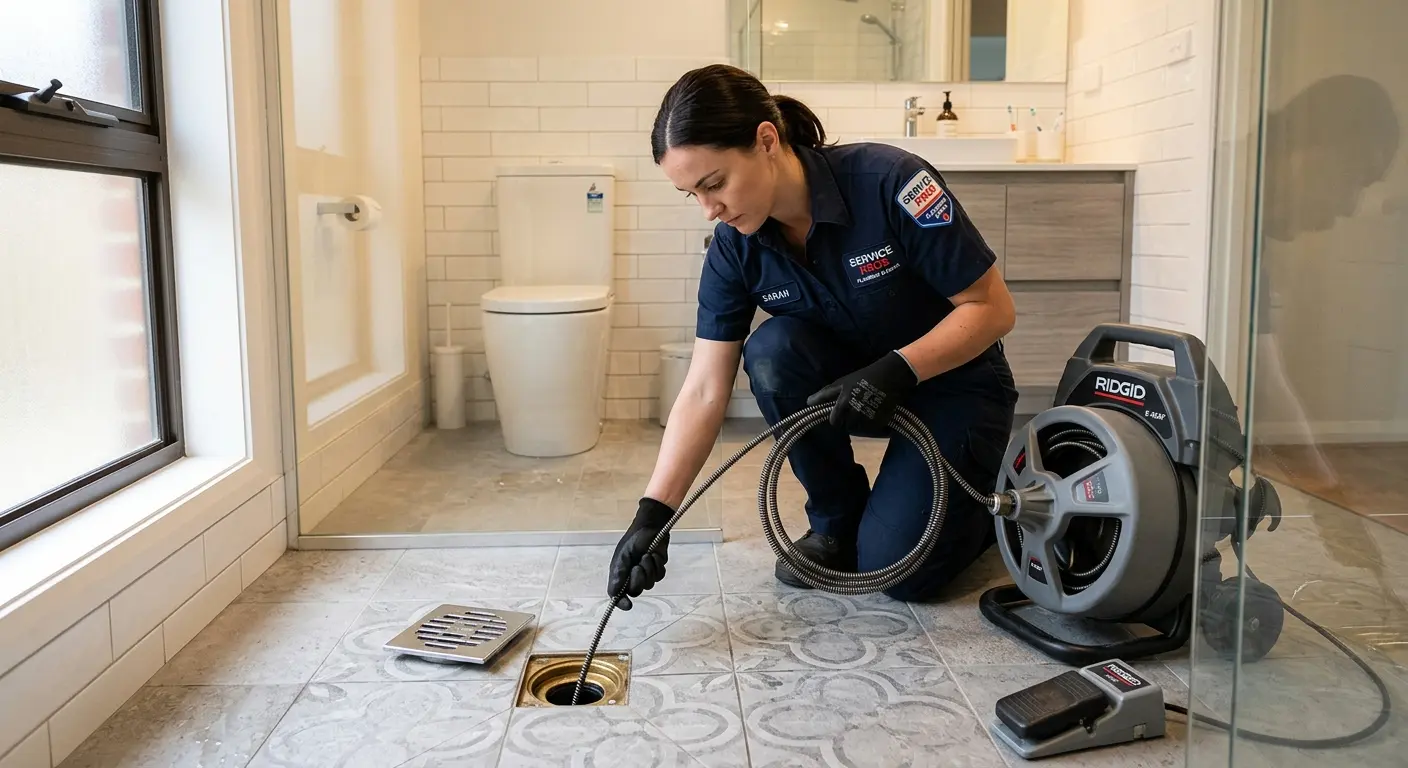 Technician clearing a bathroom floor drain for Drain Repair in Roswell